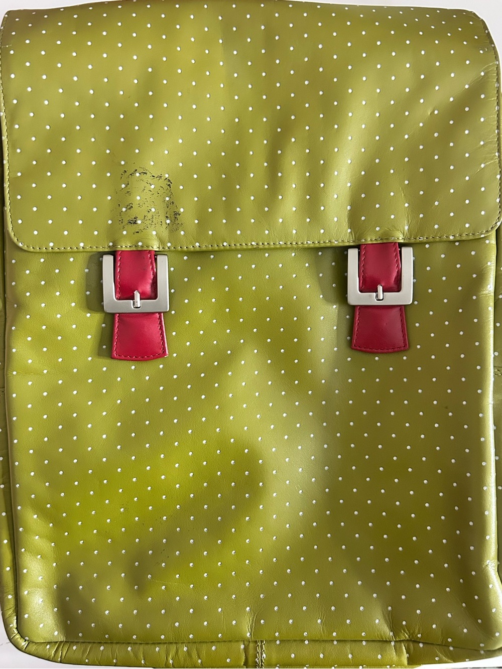 Green Polka Dot Genuine Leather Backpack with Red Accents